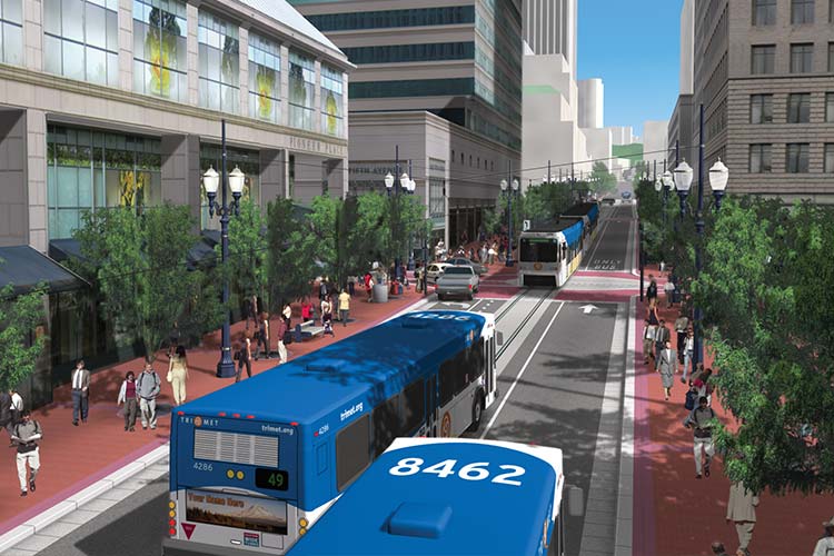 Simulation of new MAX service on the Portland Transit Mall -- busses & MAX light rail trians sharing the roadway