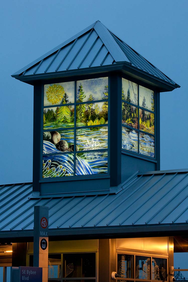 'Crystallization' - cupola with painted & screen printed glass with a river motif