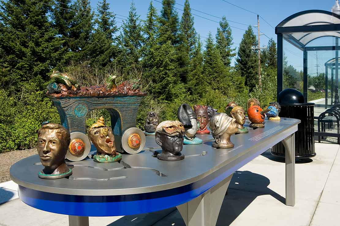 The Hall/Nimbus Interactivator sculptural heads and masks on a metal platform