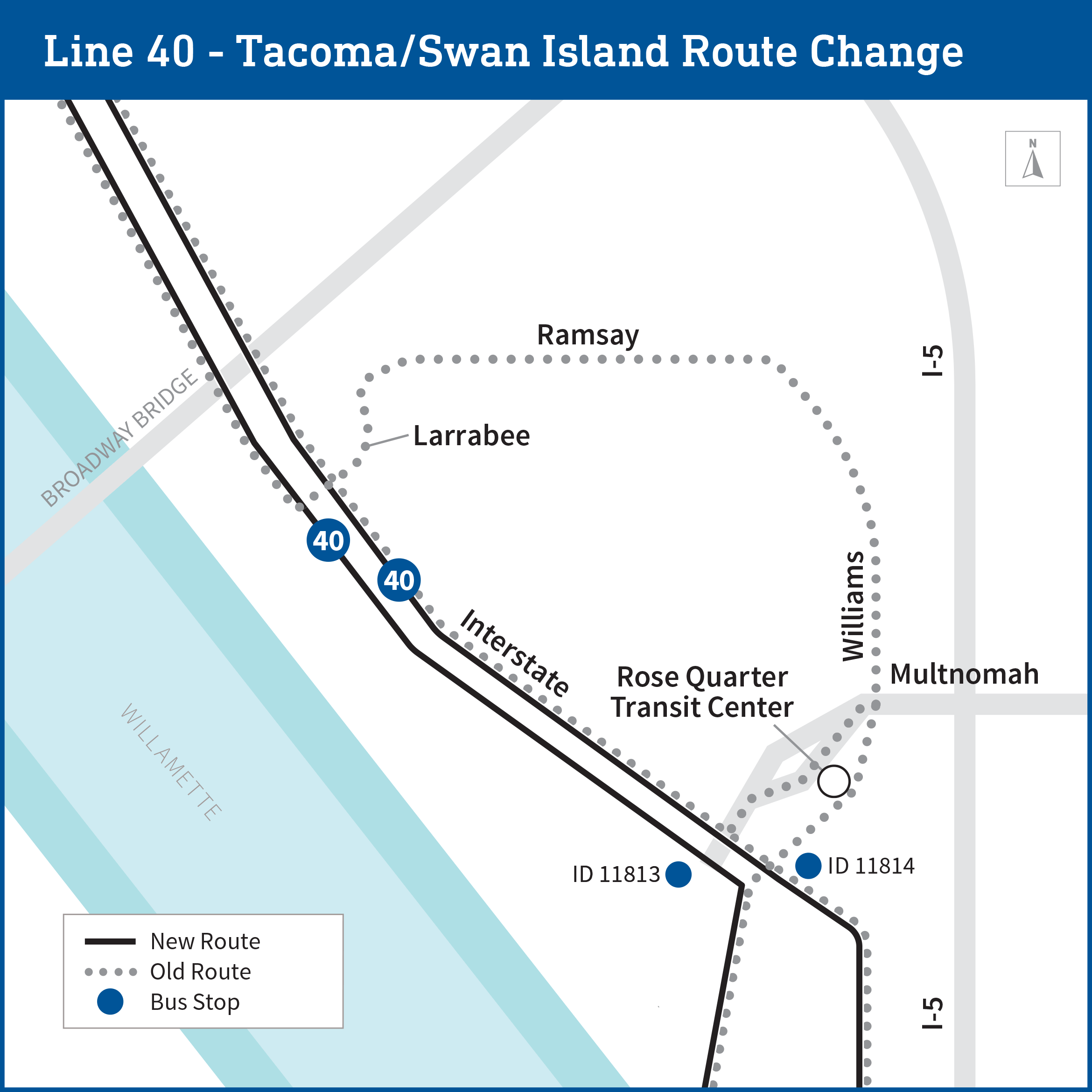 Map of Line 40 Tacoma/Swan Island Route Change shows the updated portion of the route side by side with the old route. The old route created a loop from Interstate to Larrabee, Ramsay, Williams, Multnomah, and Rose Quarter Transit Center. The new route skips that loop and travels both directions on Interstate.