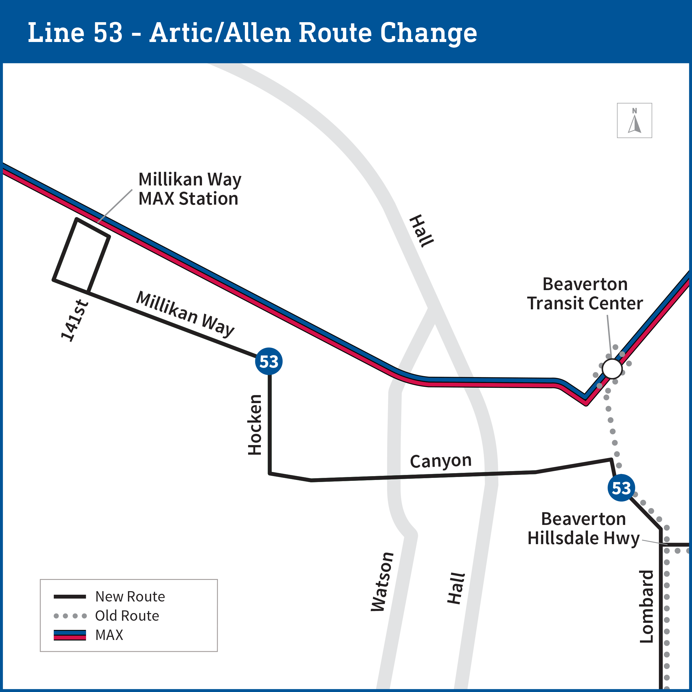 Map of Line 53 Artic/Allen Route Change shows the updated portion of the route side by side with the old route. The old route travelled from Beaverton Hillsdale Hwy to create a loop at Beaverton Transit Center. The new route instead turns east from Beaverton Hillsdale Hwy onto Canyon, north on Hocken, then east on Millikan Way before creating a loop at Millikan Way MAX Station.