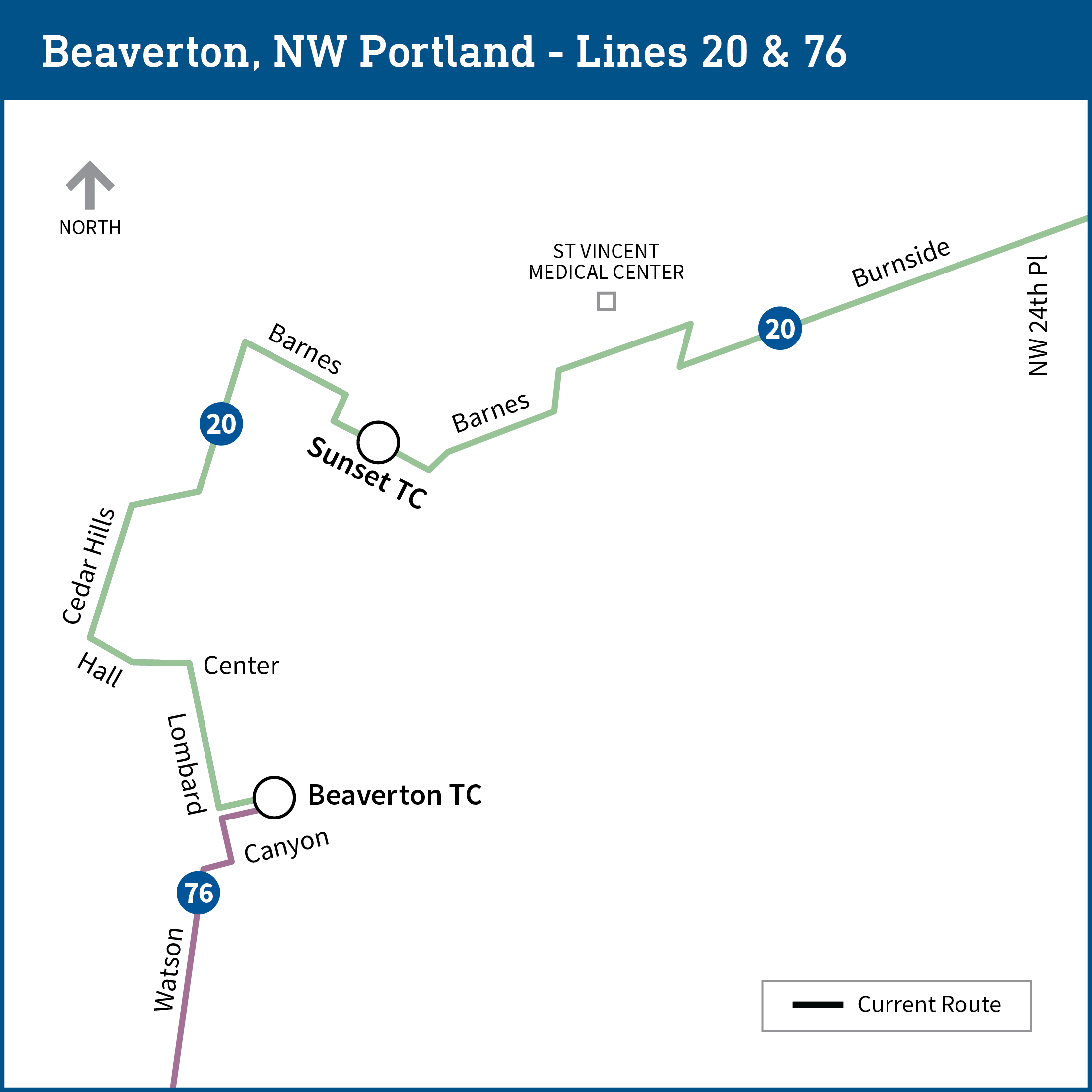 Map shows current routes for bus lines 20 and 76, both of which have an end point at Beaverton Transit Center, with line 20 continuing roughly north and northwest and line 76 travelling south.