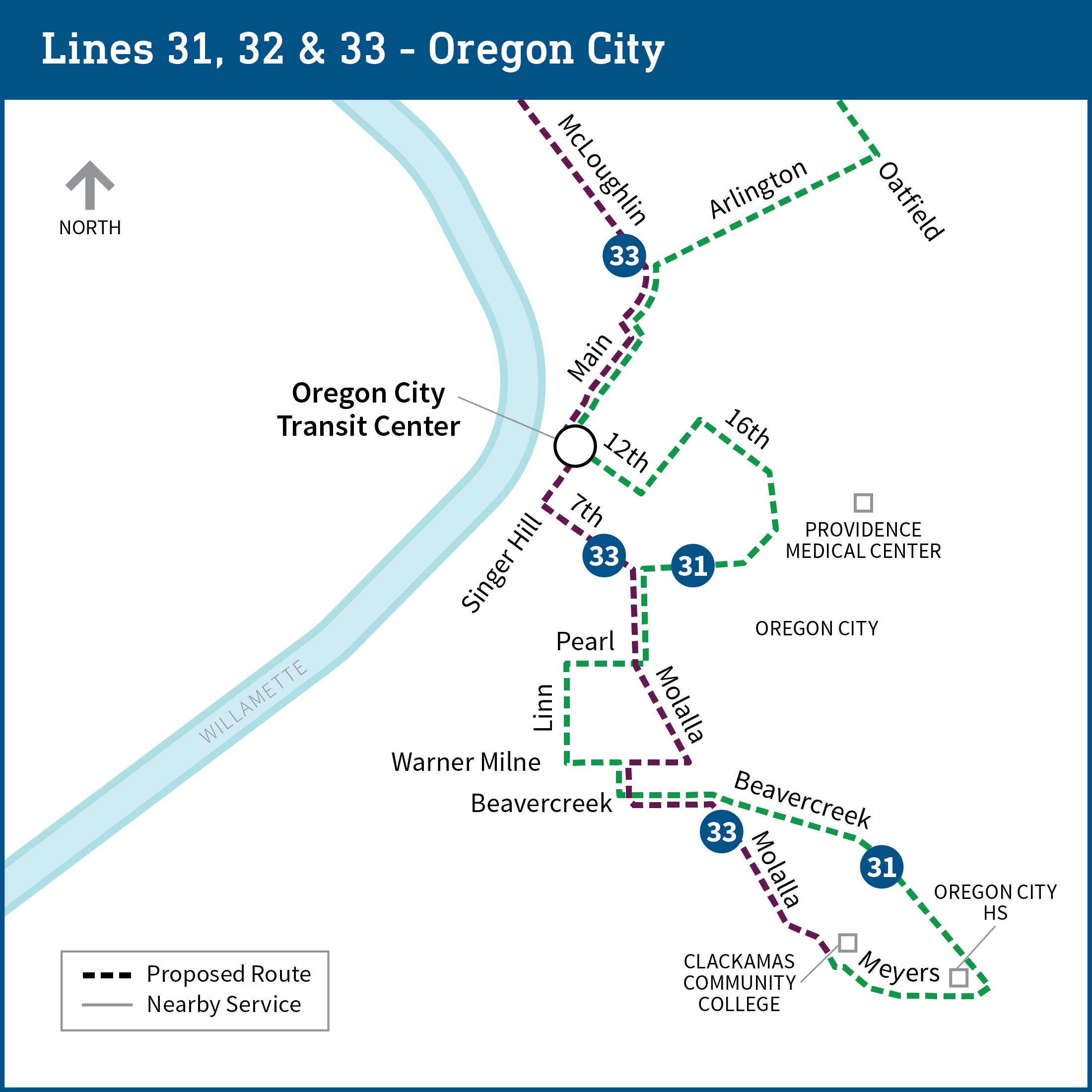 Map shows proposed changes for bus lines 31, 32 and 33 in the Oregon City area. Line 32 is eliminated, with lines 31 and 33 adjusted to provide coverage, as further detailed on the page.