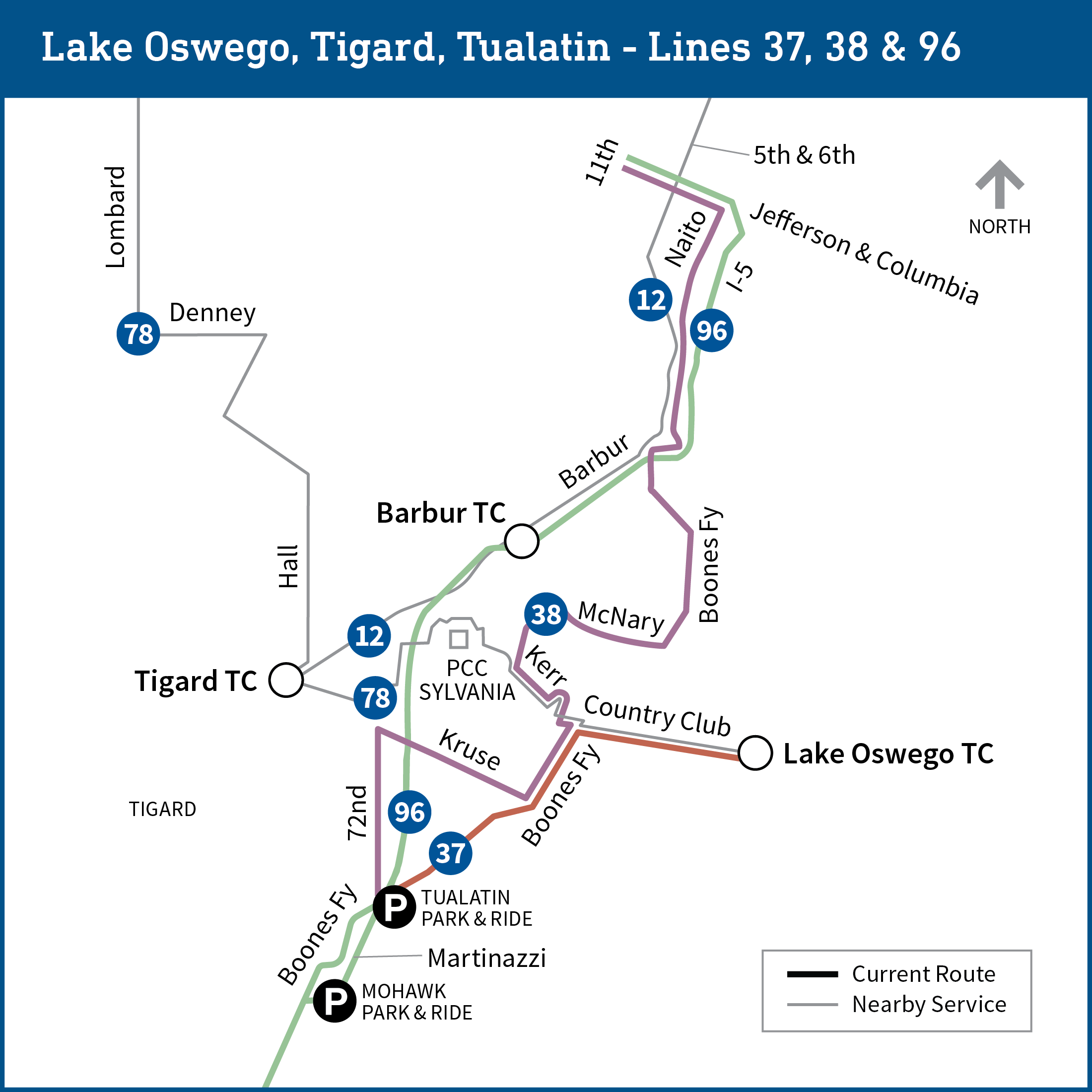 Map of Lake Oswego, Tigard and Tualatin areas shows current bus routes for lines 12, 37, 38, 78 and 96.